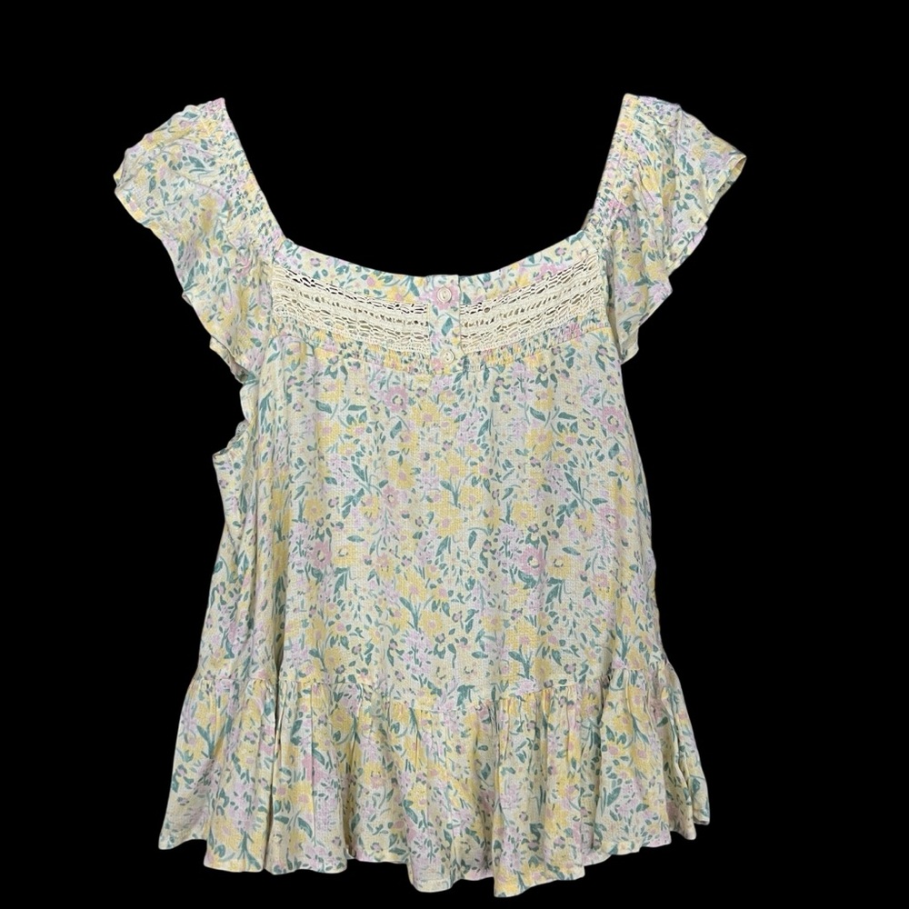 Lucky Brand Floral Print Flutter Sleeve Ruffled Tank size Small